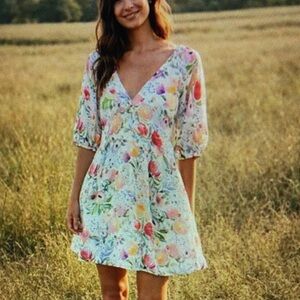 Floral White Dress Puff Sleeve Size S Watercolor Cottagecore Romantic Lucy Paris